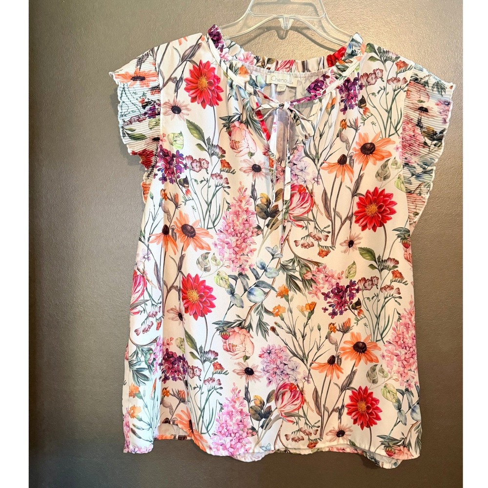 Chenault Floral Blouse Womens Large White Multi Excellent Pleated Cap Sleeve Top